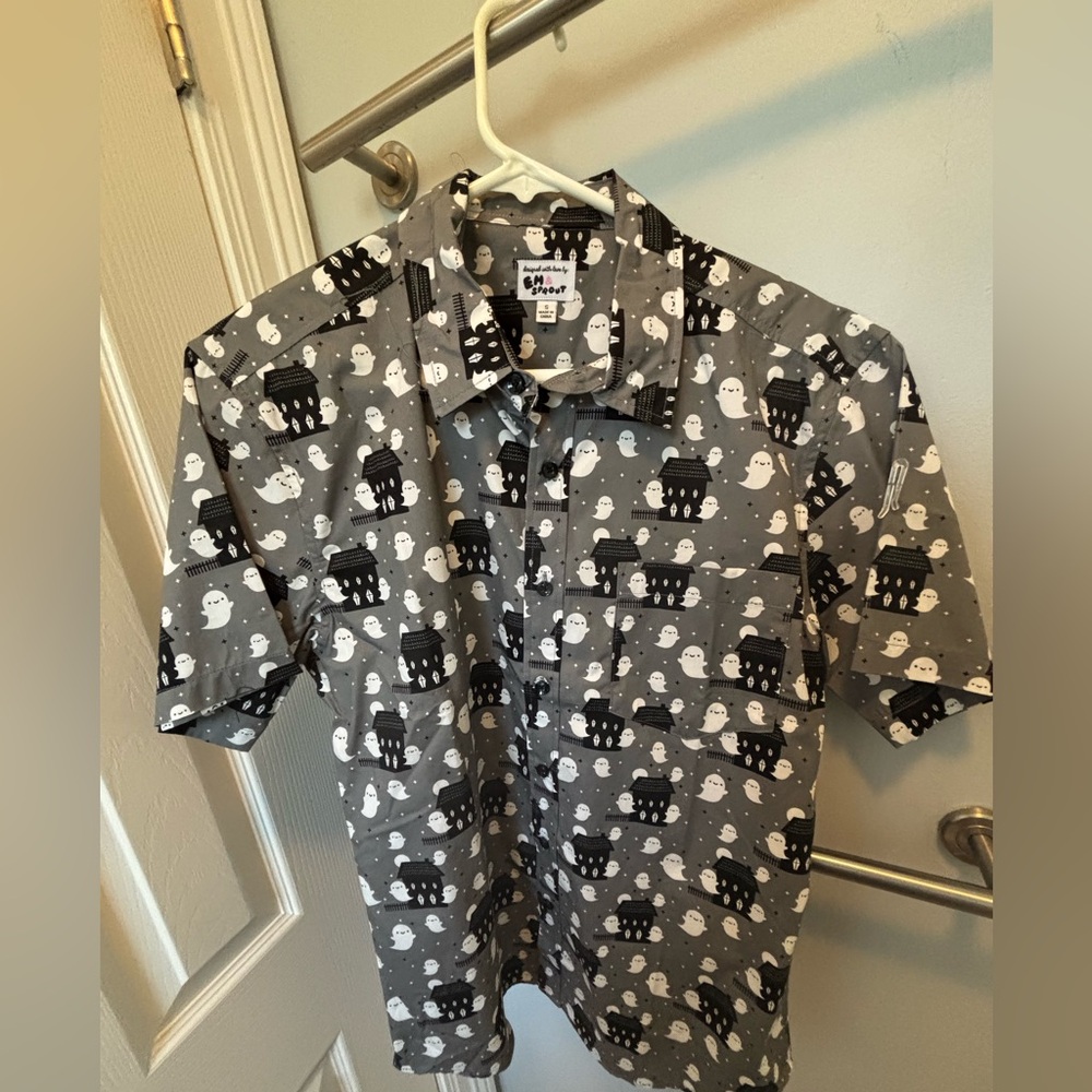 Em and Sprout black, gray and white button-up spooky shirt